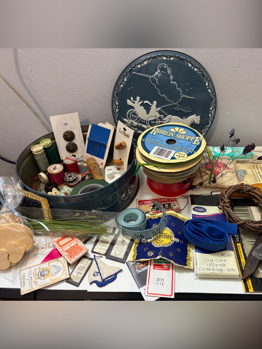 Assorted Sewing & Craft Supplies with Ribbon Spools